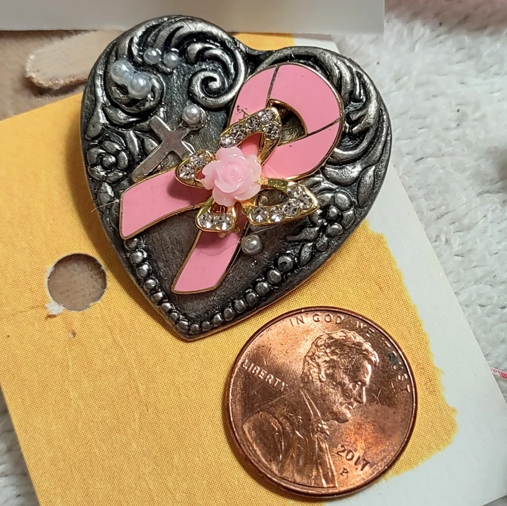 Pewter Heart with Pink Awareness Ribbon